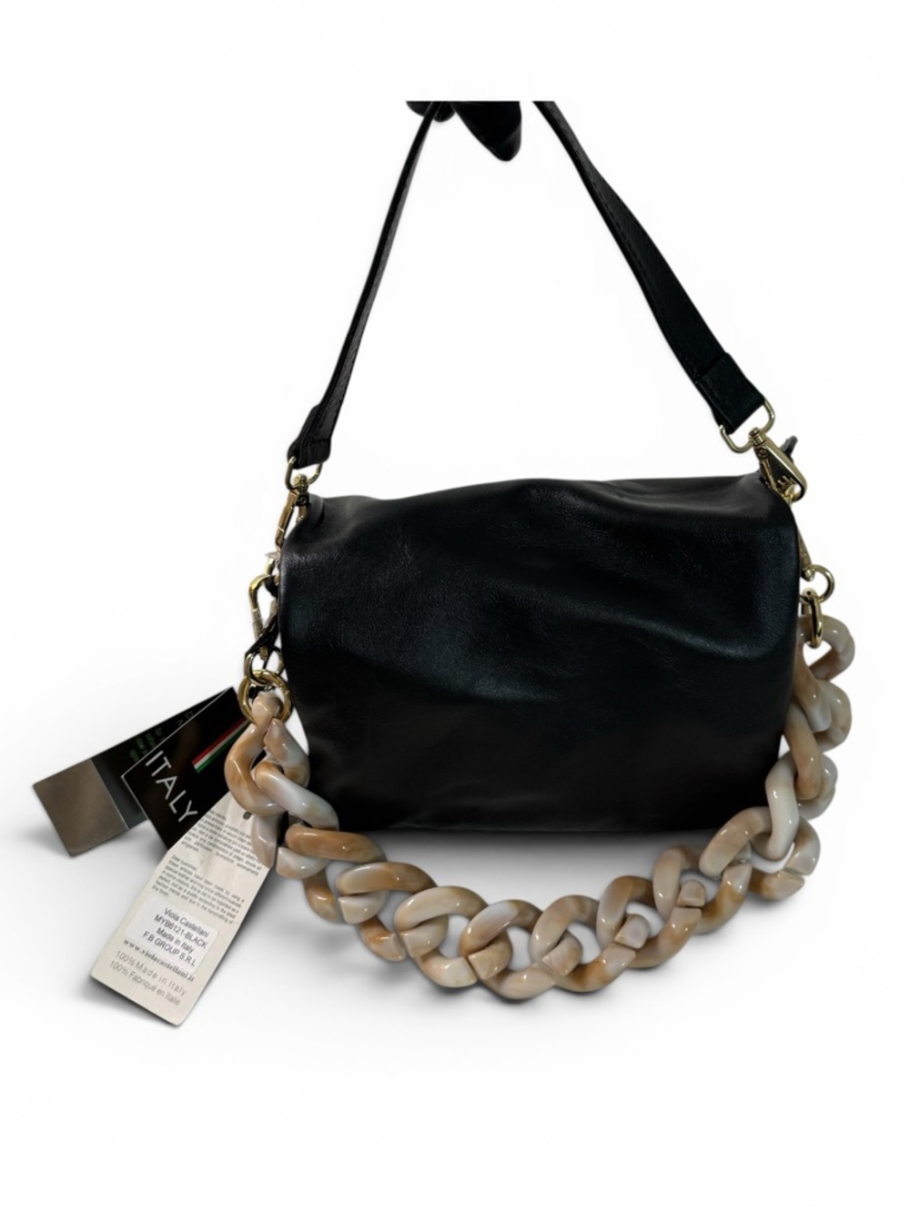 NWT Viola Castellani Black Leather Bag with Chain Strap – Made in Italy